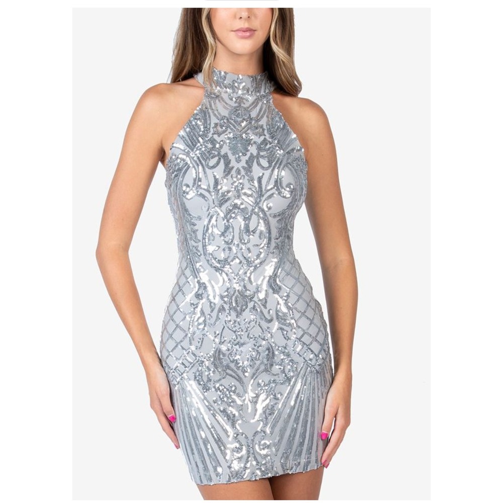 B. Darlin Silver Sequin Bodycon Dress Halter Mini Party‎ Cocktail Size 11/12 NWT